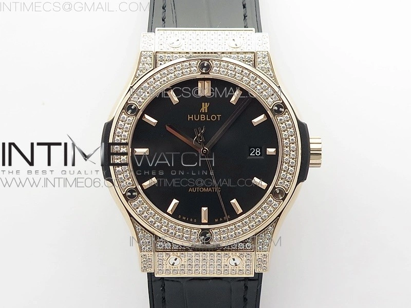 Classic Fusion 42mm RG Paved Diamonds Case Bezel B50F Black Dial On Black Gummy Strap A2892