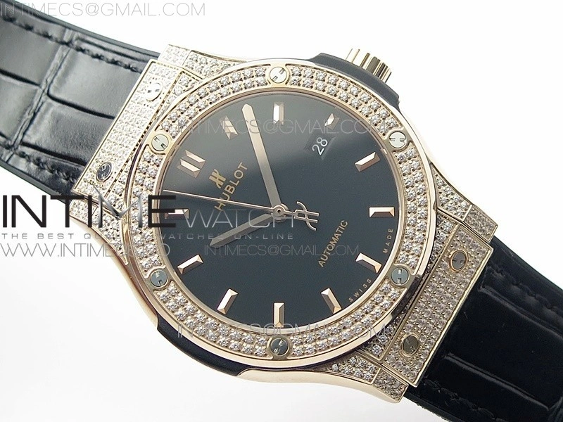 Classic Fusion 42mm RG Paved Diamonds Case Bezel B50F Black Dial On Black Gummy Strap A2892