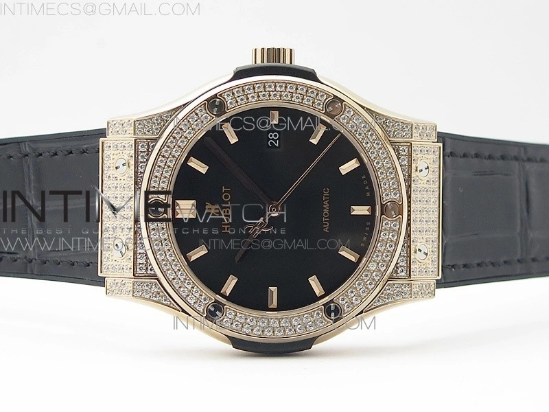 Classic Fusion 42mm RG Paved Diamonds Case Bezel B50F Black Dial On Black Gummy Strap A2892