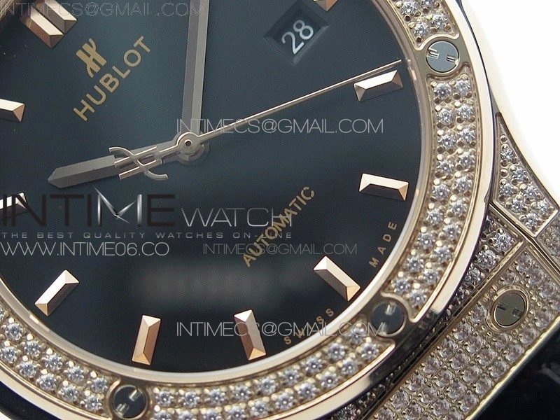 Classic Fusion 42mm RG Paved Diamonds Case Bezel B50F Black Dial On Black Gummy Strap A2892