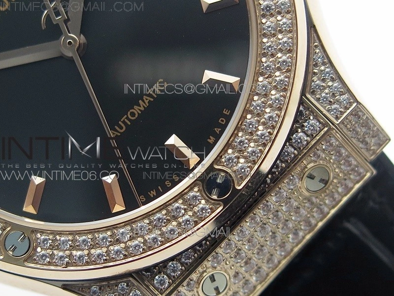 Classic Fusion 42mm RG Paved Diamonds Case Bezel B50F Black Dial On Black Gummy Strap A2892