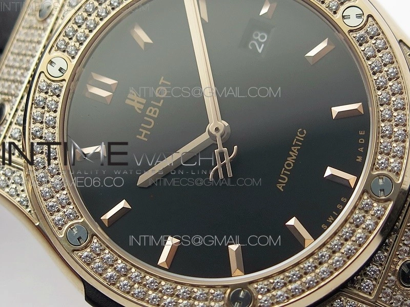 Classic Fusion 42mm RG Paved Diamonds Case Bezel B50F Black Dial On Black Gummy Strap A2892