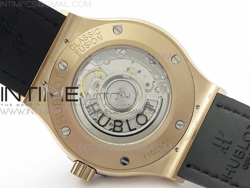 Classic Fusion 42mm RG Paved Diamonds Case Bezel B50F Black Dial On Black Gummy Strap A2892