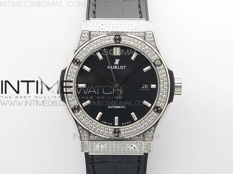 Classic Fusion 42mm SS Paved Diamonds Case Bezel B50F Black Dial On Black Gummy Strap A2892