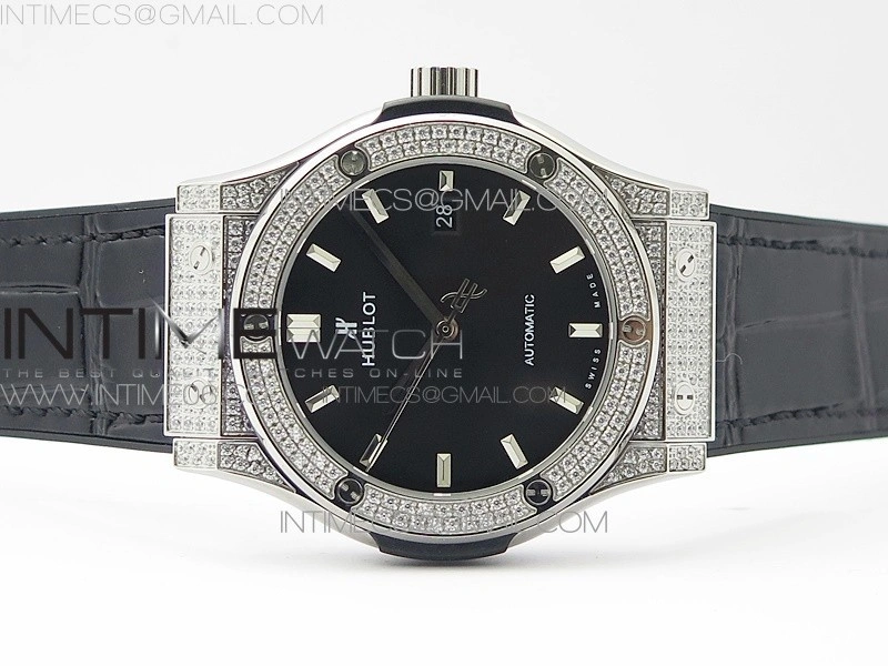Classic Fusion 42mm SS Paved Diamonds Case Bezel B50F Black Dial On Black Gummy Strap A2892