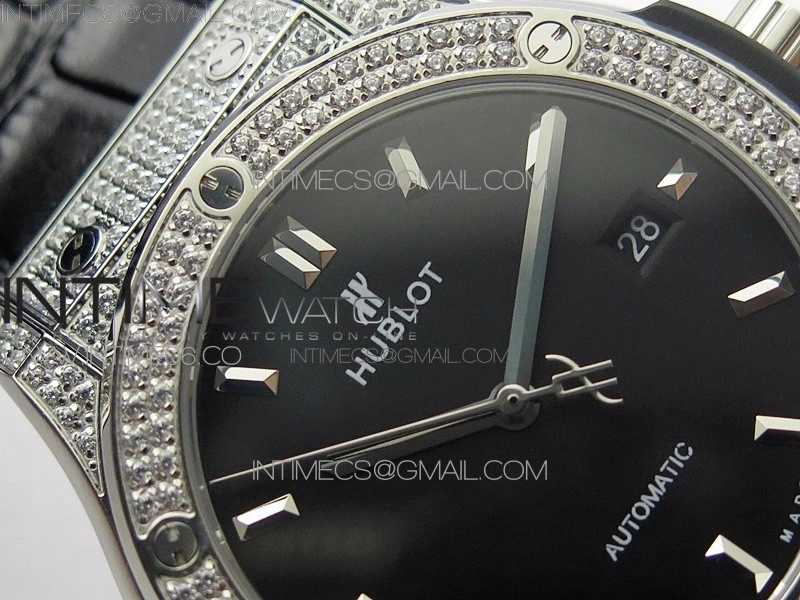 Classic Fusion 42mm SS Paved Diamonds Case Bezel B50F Black Dial On Black Gummy Strap A2892