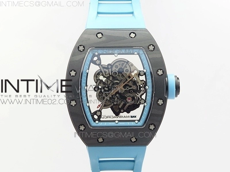 RM055 Carbon Case KVF Best Edition Carbon Bezel Skeleton Dial Blue Crown on blue Rubber Strap MIYOTA8215