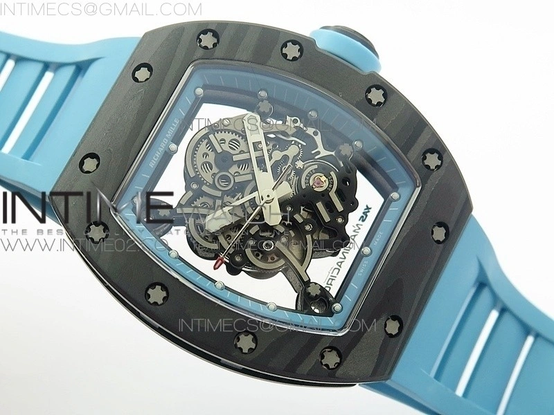RM055 Carbon Case KVF Best Edition Carbon Bezel Skeleton Dial Blue Crown on blue Rubber Strap MIYOTA8215
