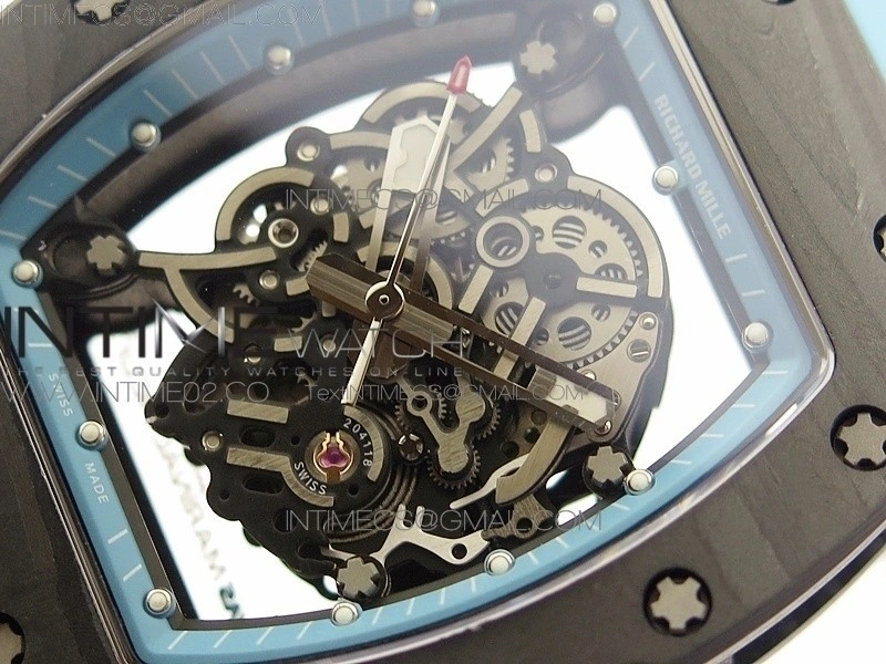 RM055 Carbon Case KVF Best Edition Carbon Bezel Skeleton Dial Blue Crown on blue Rubber Strap MIYOTA8215