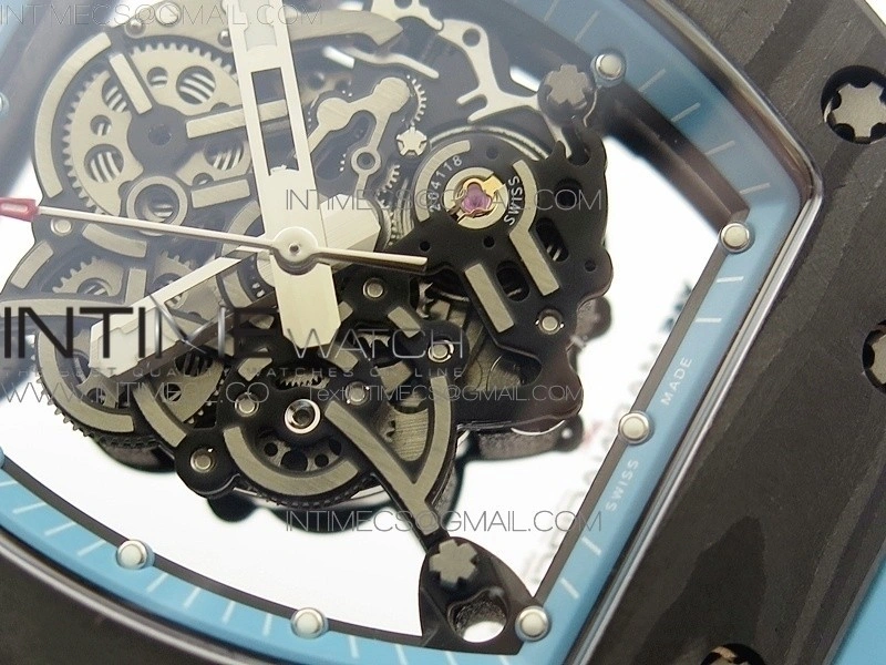 RM055 Carbon Case KVF Best Edition Carbon Bezel Skeleton Dial Blue Crown on blue Rubber Strap MIYOTA8215
