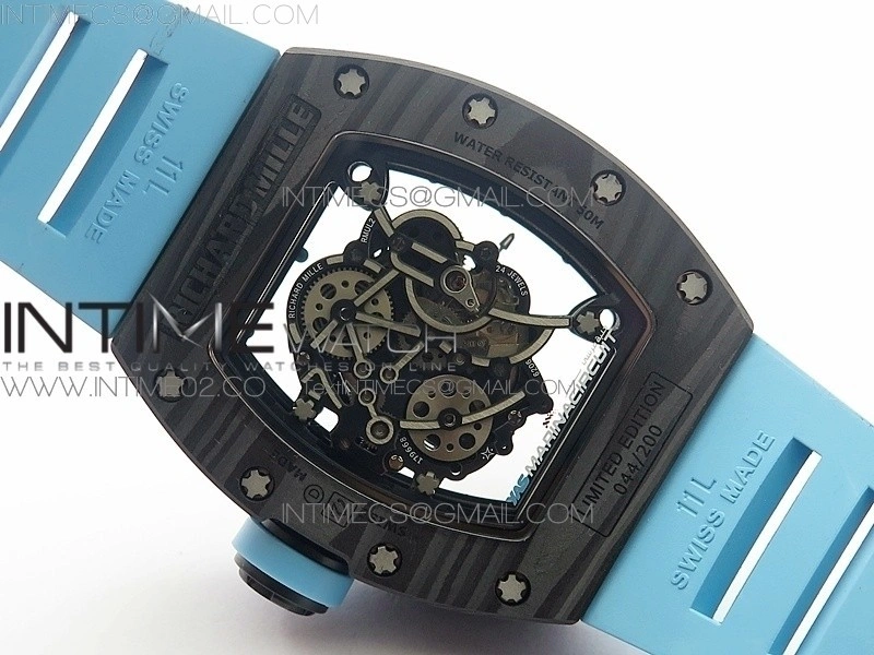 RM055 Carbon Case KVF Best Edition Carbon Bezel Skeleton Dial Blue Crown on blue Rubber Strap MIYOTA8215