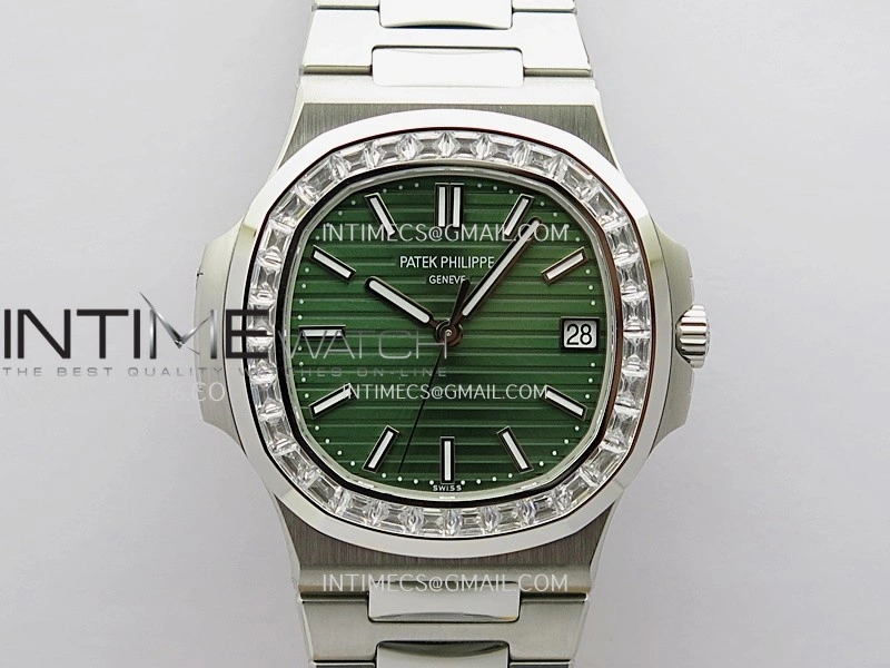 Nautilus 5711 1A 3KF 1:1 Best Edition Diamonds Bezel Green Textured Dial on SS Bracelet A324 Super Clone V2
