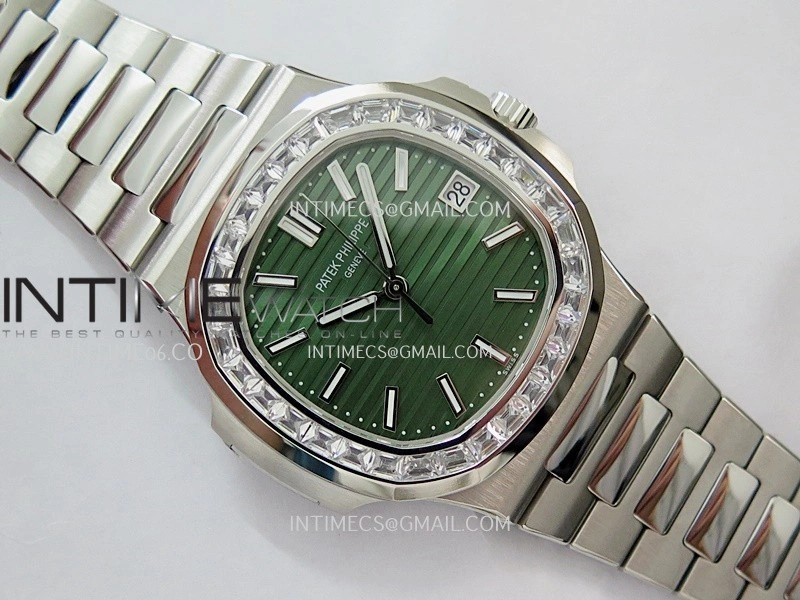 Nautilus 5711 1A 3KF 1:1 Best Edition Diamonds Bezel Green Textured Dial on SS Bracelet A324 Super Clone V2