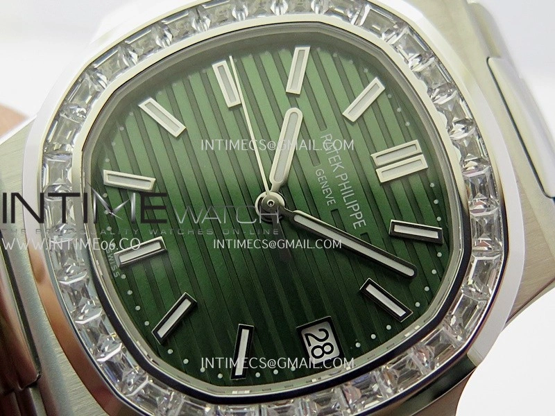 Nautilus 5711 1A 3KF 1:1 Best Edition Diamonds Bezel Green Textured Dial on SS Bracelet A324 Super Clone V2