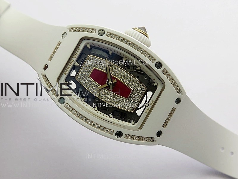 RM07 Real White Ceramic Diamond Bezel YG ZF Best Edition Red MOP Diamond Skeleton Dial On Black Rubber Strap Asian CRMA2 Clone
