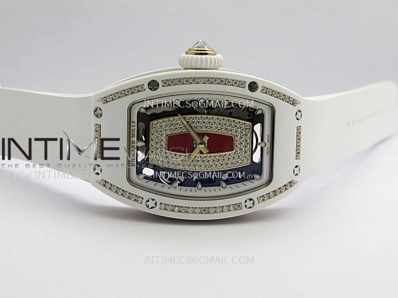 RM07 Real White Ceramic Diamond Bezel YG ZF Best Edition Red MOP Diamond Skeleton Dial On Black Rubber Strap Asian CRMA2 Clone