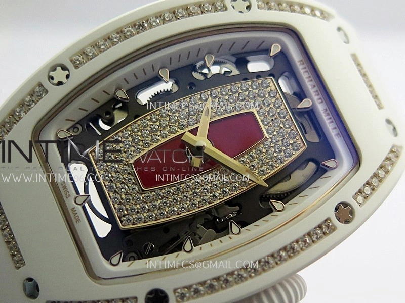 RM07 Real White Ceramic Diamond Bezel YG ZF Best Edition Red MOP Diamond Skeleton Dial On Black Rubber Strap Asian CRMA2 Clone