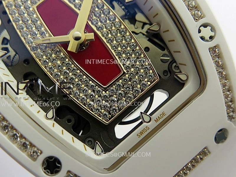 RM07 Real White Ceramic Diamond Bezel YG ZF Best Edition Red MOP Diamond Skeleton Dial On Black Rubber Strap Asian CRMA2 Clone