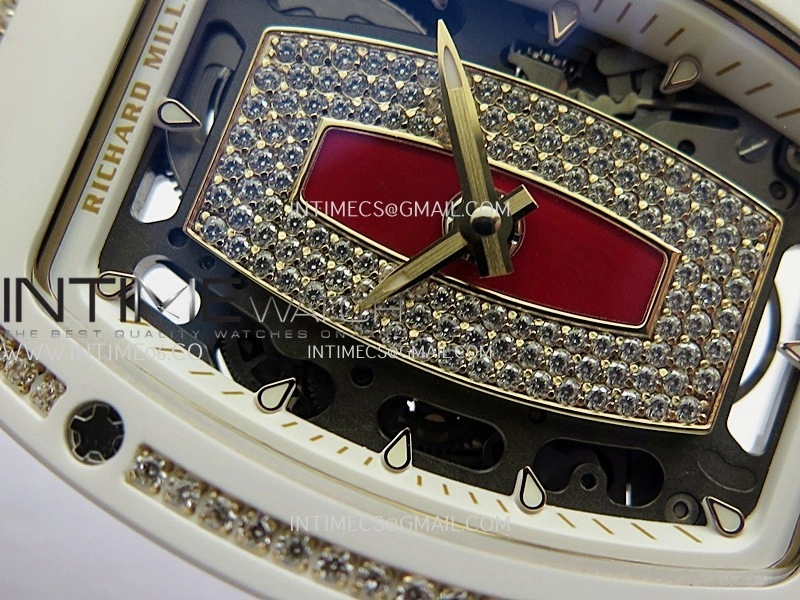 RM07 Real White Ceramic Diamond Bezel YG ZF Best Edition Red MOP Diamond Skeleton Dial On Black Rubber Strap Asian CRMA2 Clone