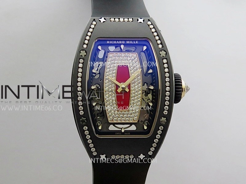 RM07 Real Black Ceramic Diamond Bezel YG ZF Best Edition Red MOP Diamond Skeleton Dial On Black Rubber Strap Asian CRMA2 Clone