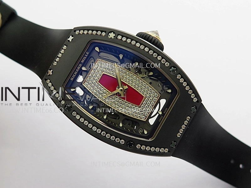 RM07 Real Black Ceramic Diamond Bezel YG ZF Best Edition Red MOP Diamond Skeleton Dial On Black Rubber Strap Asian CRMA2 Clone