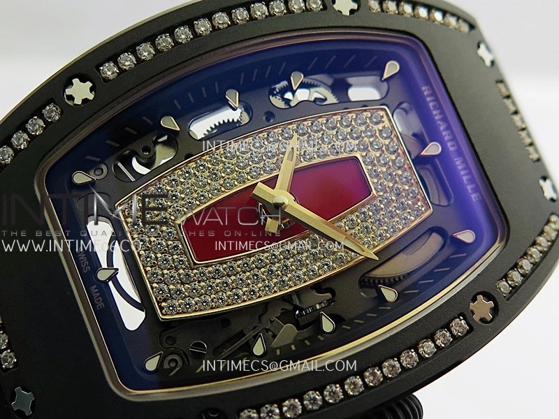 RM07 Real Black Ceramic Diamond Bezel YG ZF Best Edition Red MOP Diamond Skeleton Dial On Black Rubber Strap Asian CRMA2 Clone