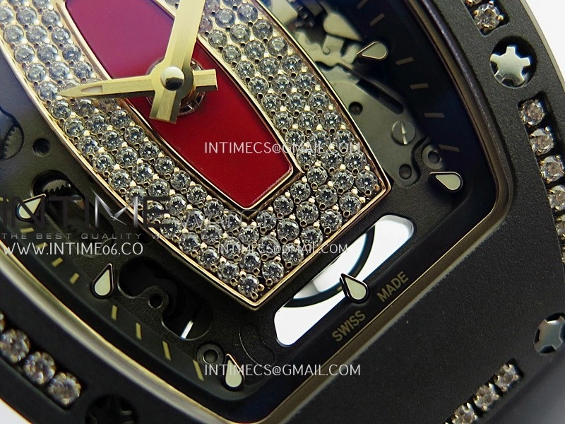 RM07 Real Black Ceramic Diamond Bezel YG ZF Best Edition Red MOP Diamond Skeleton Dial On Black Rubber Strap Asian CRMA2 Clone