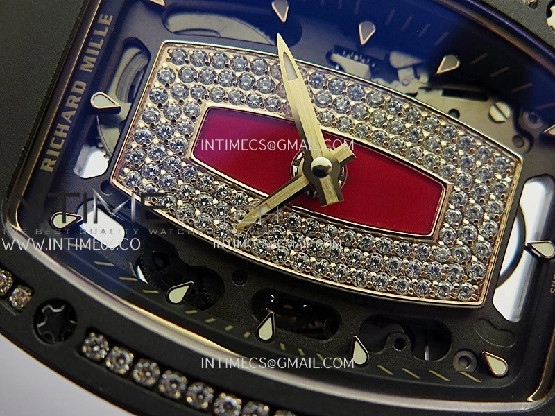 RM07 Real Black Ceramic Diamond Bezel YG ZF Best Edition Red MOP Diamond Skeleton Dial On Black Rubber Strap Asian CRMA2 Clone