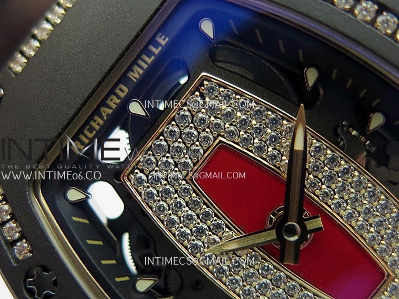 RM07 Real Black Ceramic Diamond Bezel YG ZF Best Edition Red MOP Diamond Skeleton Dial On Black Rubber Strap Asian CRMA2 Clone