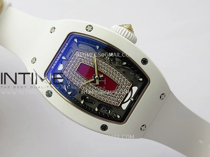 RM07 Real White Ceramic Bezel RG ZF Best Edition Red MOP Diamond Skeleton Dial On White Rubber Strap Asian CRMA2 Clone