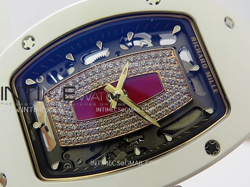 RM07 Real White Ceramic Bezel RG ZF Best Edition Red MOP Diamond Skeleton Dial On White Rubber Strap Asian CRMA2 Clone
