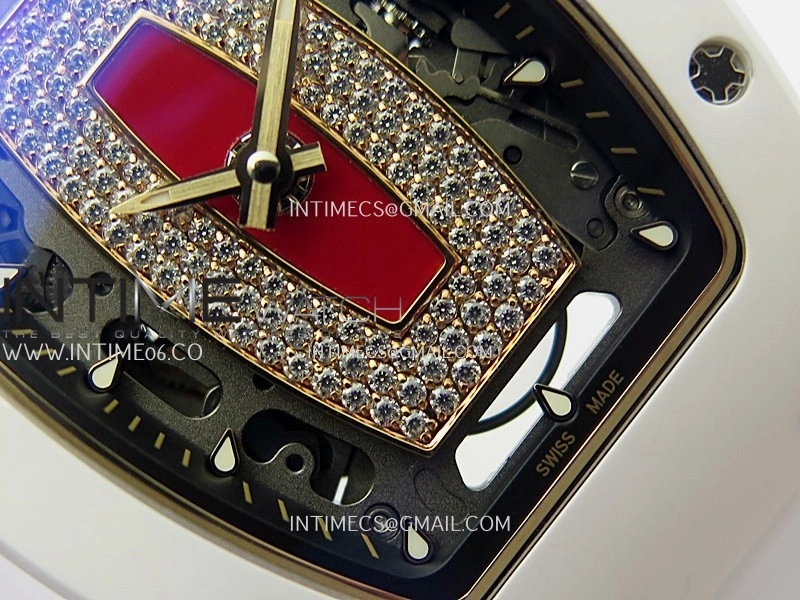 RM07 Real White Ceramic Bezel RG ZF Best Edition Red MOP Diamond Skeleton Dial On White Rubber Strap Asian CRMA2 Clone