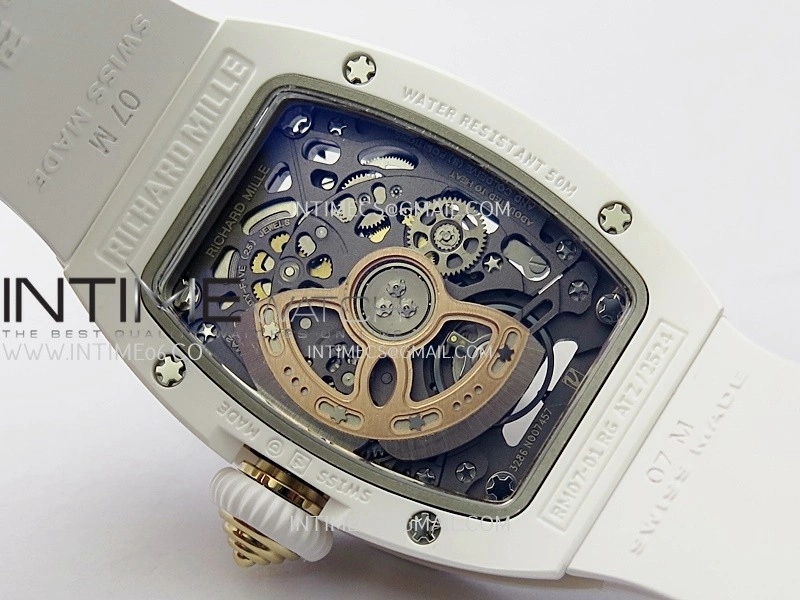 RM07 Real White Ceramic Bezel RG ZF Best Edition Red MOP Diamond Skeleton Dial On White Rubber Strap Asian CRMA2 Clone