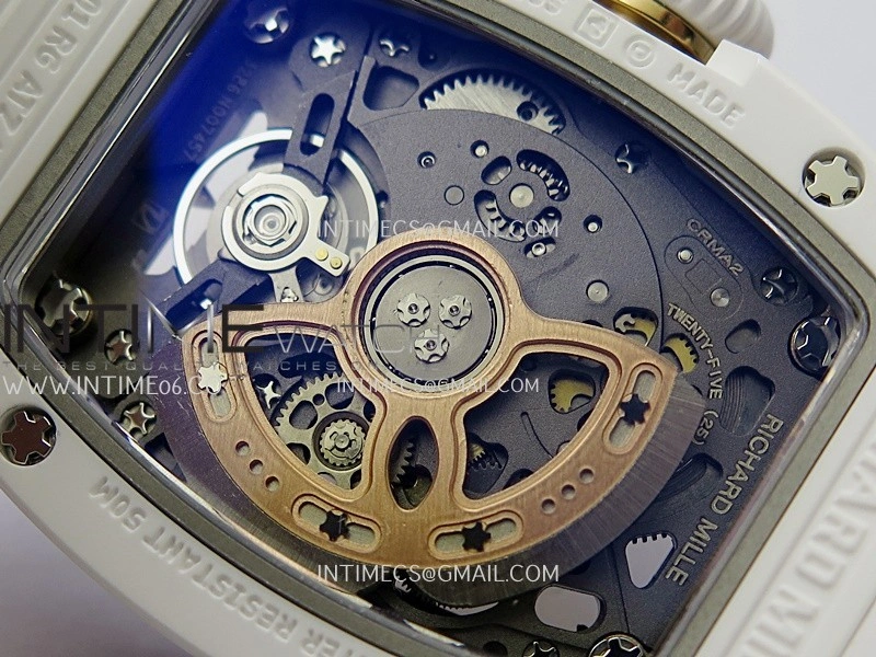 RM07 Real White Ceramic Bezel RG ZF Best Edition Red MOP Diamond Skeleton Dial On White Rubber Strap Asian CRMA2 Clone