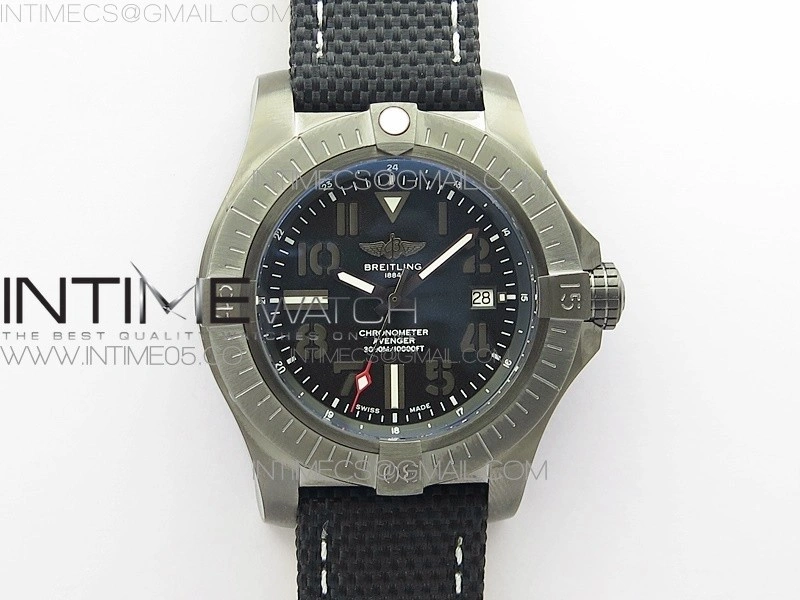 Seawolf 45mm DLC B50 1:1 BestEdition SuperLumed Black Dial Black Numeral Markers on Black Nylon Strap A2824