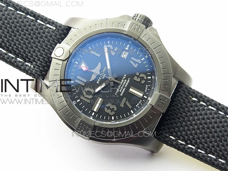 Seawolf 45mm DLC B50 1:1 BestEdition SuperLumed Black Dial Black Numeral Markers on Black Nylon Strap A2824