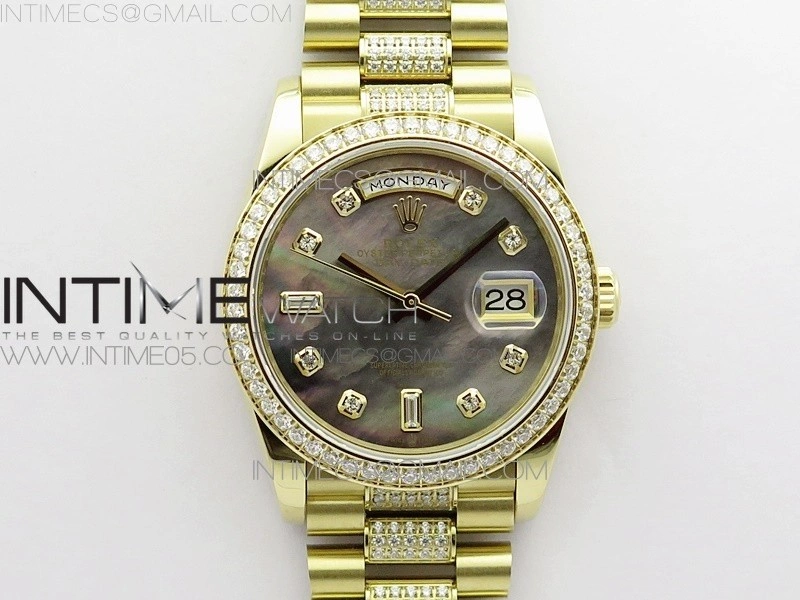 Day-Date 36 128235 YG Crystal BP Best Edition Gray MOP Crystal Marker Dial on YG President Bracelet A2836