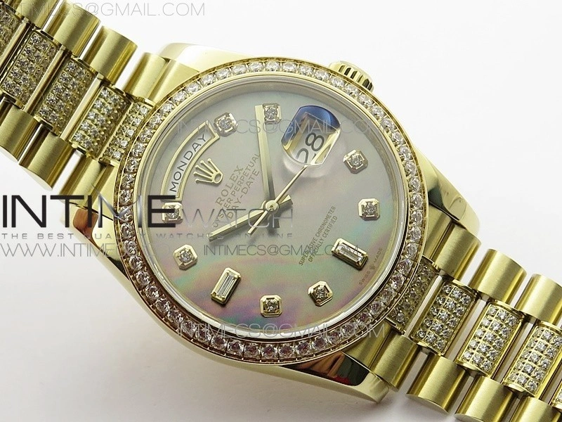 Day-Date 36 128235 YG Crystal BP Best Edition Gray MOP Crystal Marker Dial on YG President Bracelet A2836