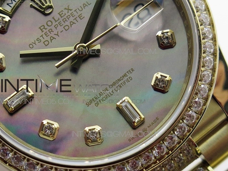 Day-Date 36 128235 YG Crystal BP Best Edition Gray MOP Crystal Marker Dial on YG President Bracelet A2836