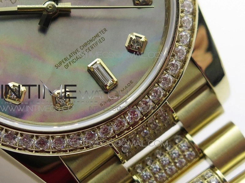 Day-Date 36 128235 YG Crystal BP Best Edition Gray MOP Crystal Marker Dial on YG President Bracelet A2836