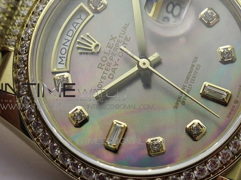 Day-Date 36 128235 YG Crystal BP Best Edition Gray MOP Crystal Marker Dial on YG President Bracelet A2836