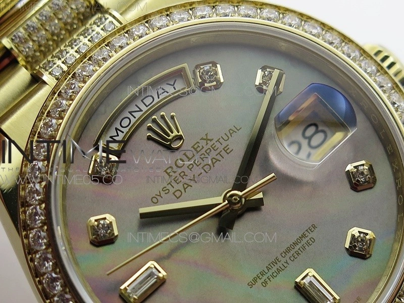 Day-Date 36 128235 YG Crystal BP Best Edition Gray MOP Crystal Marker Dial on YG President Bracelet A2836