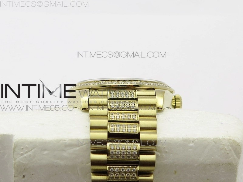 Day-Date 36 128235 YG Crystal BP Best Edition Gray MOP Crystal Marker Dial on YG President Bracelet A2836