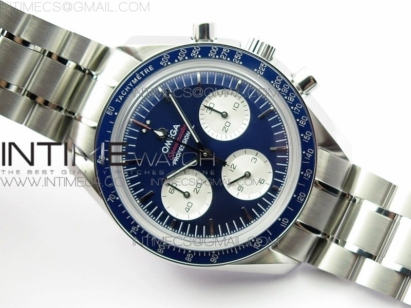 Speedmaster SS Sapphire Crystal Panda Blue dial White subdial on SS Bracelet Manual Winding Chrono Movement