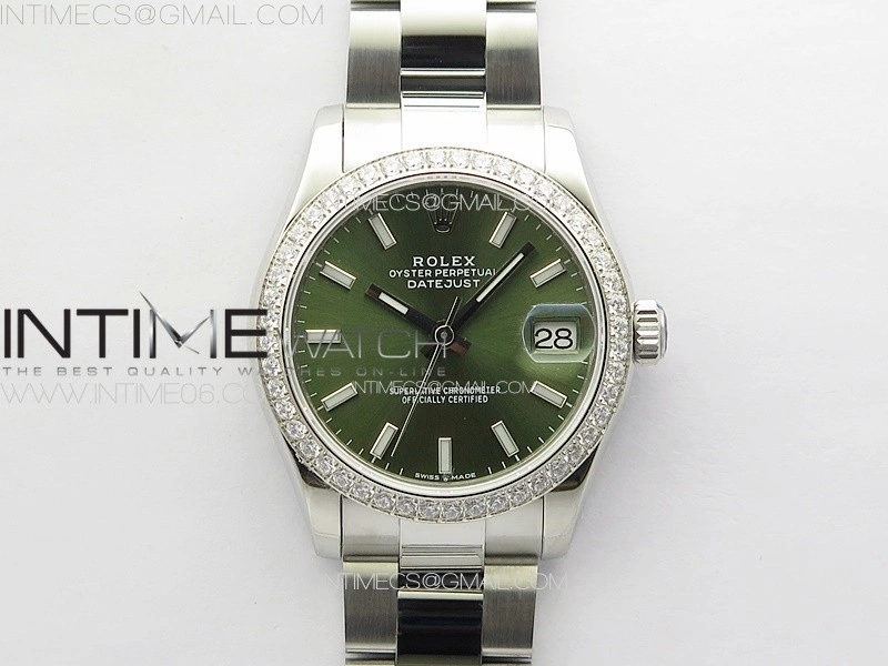 DateJust 31mm 72610 SS Crystals Bezel APSF Best Edition Green Dial Sticks Markers on Oyster Bracelet A2824