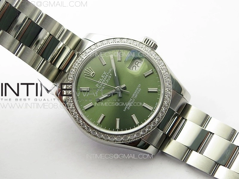 DateJust 31mm 72610 SS Crystals Bezel APSF Best Edition Green Dial Sticks Markers on Oyster Bracelet A2824