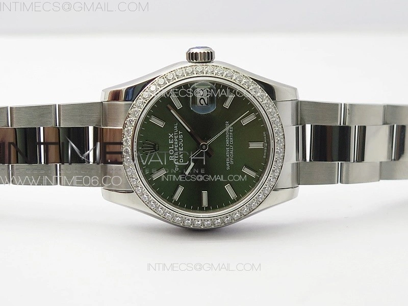 DateJust 31mm 72610 SS Crystals Bezel APSF Best Edition Green Dial Sticks Markers on Oyster Bracelet A2824