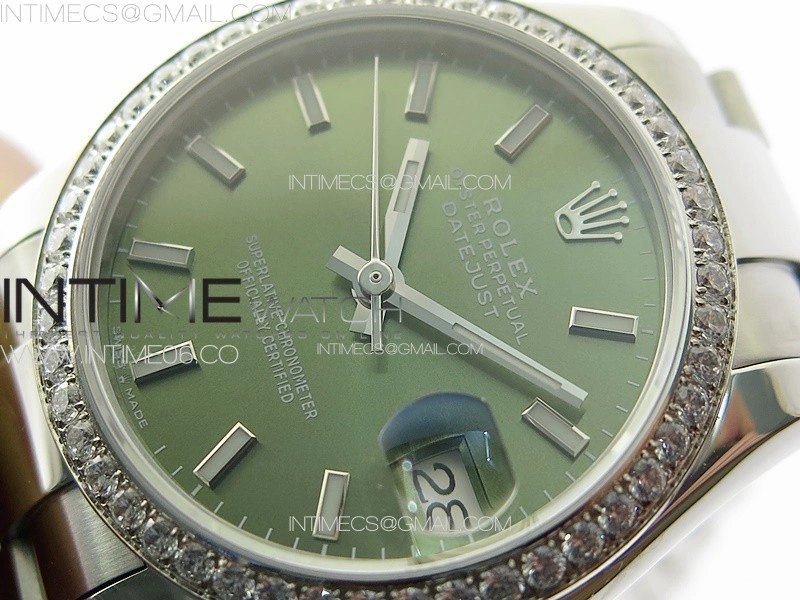 DateJust 31mm 72610 SS Crystals Bezel APSF Best Edition Green Dial Sticks Markers on Oyster Bracelet A2824