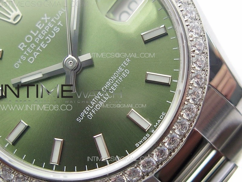 DateJust 31mm 72610 SS Crystals Bezel APSF Best Edition Green Dial Sticks Markers on Oyster Bracelet A2824