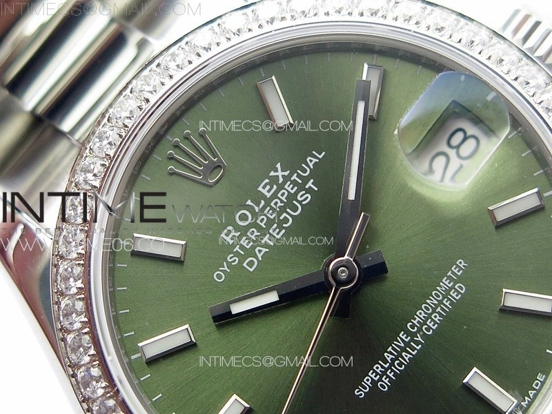 DateJust 31mm 72610 SS Crystals Bezel APSF Best Edition Green Dial Sticks Markers on Oyster Bracelet A2824